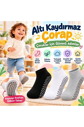 Bezos Çocuk Kaydırmaz Tabanlı Patik Çorap 3'lü Set Siyah Beyaz Gri Yumuşak Esnek Kokulu Günlük Çorap Rahat Dlra Çok Renkli
