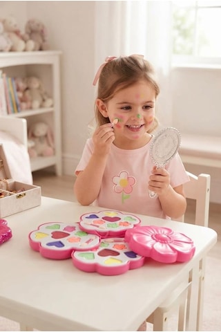 Pembe Çiçek Tasarımlı 3 Katlı Sevimli Pembe Çiçek Kutu Tasarımlı Çocuk Makyaj Seti