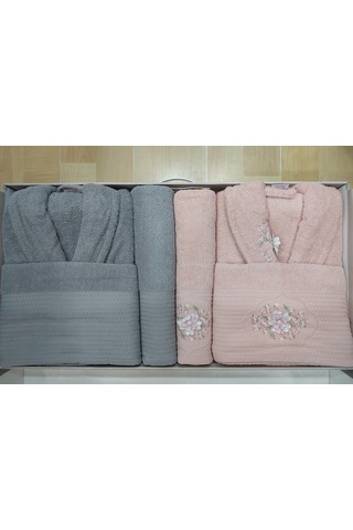 Hobby Line %100 Saf Pamuk Aile Bornoz Seti-pembe Gri Pembe - Gri