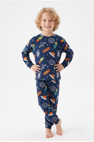 Bunny Hopp %100 Pamuk Interlok Kumaş Erkek Çocuk Pijama Takımı Lacivert Uzay Roket Ve Gezegen Desenli