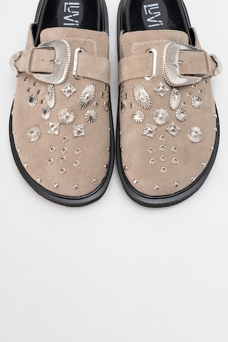 Luvishoes Luvi Shoes Maril Bej Süet Hakiki Deri Kemerli Tokalı Burnu Kapalı Kadın Terlik Bej