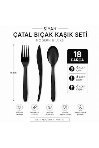 Siyah Plastik Çatal Bıçak Kaşık Seti 18 Cm 18 Parça Modern Lüks