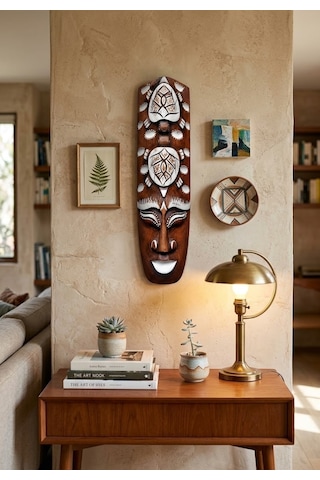 Ahşap Totem Aborjin Tiki Mask 33 Cm El Yapımı Duvar Dekoru