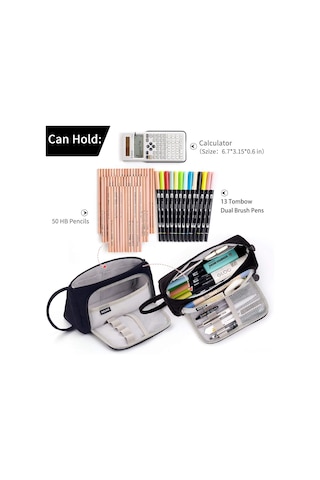 Mufunye Kordel Kumaş Kalem Kutusu, Büyük Kapasite, 40-60 Kalem Saklayabilir, Üst Ve Yan Açılabilir, Ön Pencere Deseni, Taşıma Kordonu, Öğrenci Ve Gençler İçin Siyah Renk Siyah