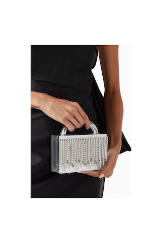 L Afshar L Afshar Minelli Clutch Metalik Akrilik & Kristal Püsküllü Işıltılı Gece Çantası Portföy Çanta Beyaz