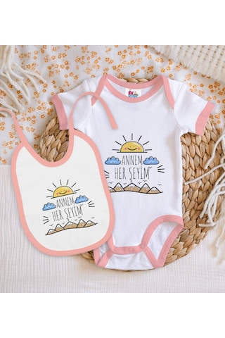 Bk Kids Annem Her Şeyim Tasarımlı Pembe Bebek Body Zıbın Ve Mama Çok Renkli