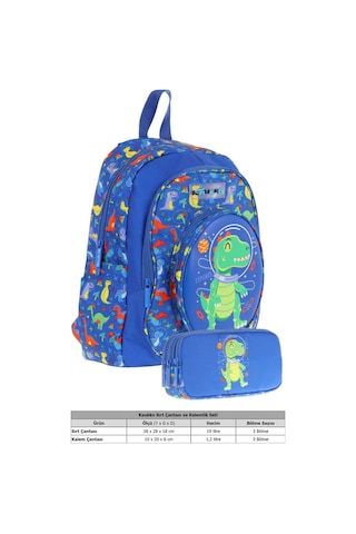 Kaukko Erkek Çocuklar İçin Okul Sırt Çantası L5262 Ve Üç Bölmeli Kalemlik L8262 Seti - Mavi Yeşil - 3d Dinazor Detaylı Mavi - Yeşil
