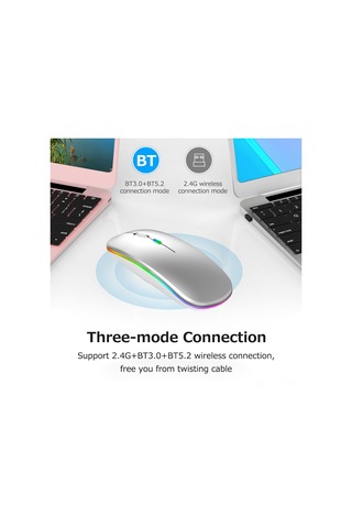 Lemestar Optik Kablosuz Fare, 2.4g+bt3.0+bt5.2 Üçlü Bağlantı, Led Işıklı, Sessiz, Ergonomik, 500mah Pil, Gümüş Type-c Adaptörü İle Optik