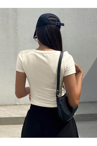 U Yaka Beyaz Renk Fitilli Kısa Kollu Slim Fit Crop Top Bluz Beyaz