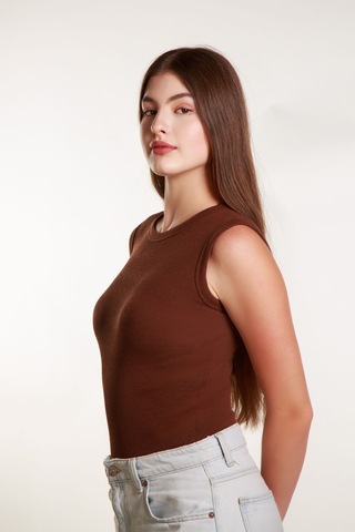 Kadın Kahverengi Fitilli Likralı Sıfır Kol Bisiklet Yaka Örme Atlet Tshirt Bluz Kahverengi