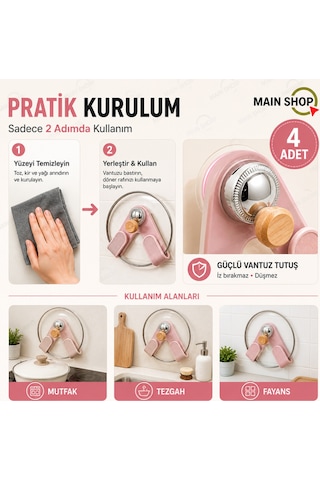 Mainshop Vantuzlu Döner Kapak Tutucu 4 Adet - Delme Gerektirmeyen Mutfak Rafı M-56 Pembe