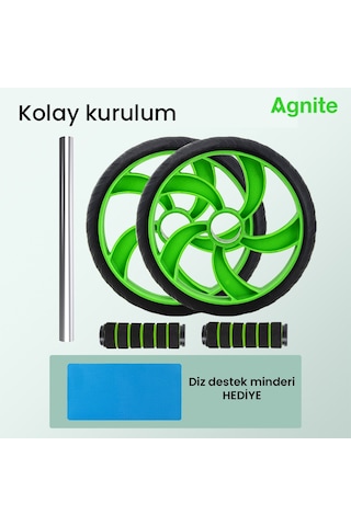 Agnıte Çift Tekerlekli Karın Egzersiz Tekerleği Diz Pedli Fitness Yeşil Siyah