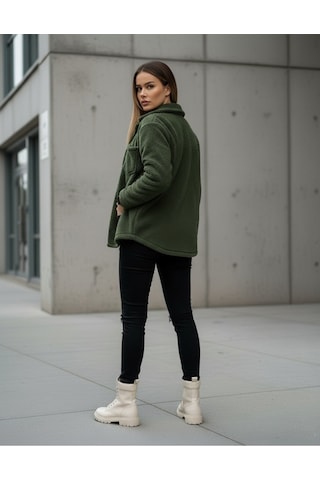 Kadın Slimfit Peluş, Polar, Düğmeli, Teddy Gömlek Yaka, Cepli, Sıcak Tutucu Yumuşak Kışlık Ceket Haki