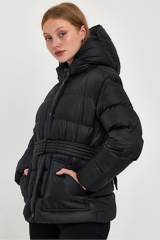 Alisse-kadın Siyah Kapüşonlu Kemerli Şişme Mont Kaban Siyah