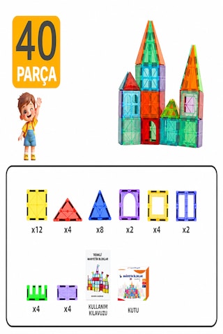 40 Parça 7.5 Cm Büyük Boy Manyetik Blok Seti Güçlü Mıknatıslı Zeka Geliştirici Eğitici Oyuncak