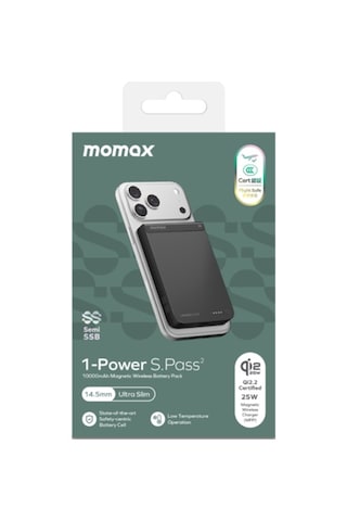 Momax İp163q22d Power S.pass2 10000 Mah Qi2.2 Yari Ssb Magsafe Powerbank Siyah