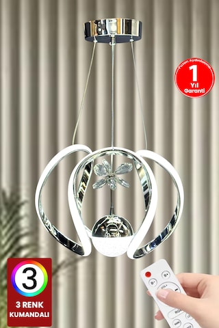 Fuzon 3 Renk Kumandalı Toplu Krom Led Avize Inci Ledli Avize Gri - Gümüş