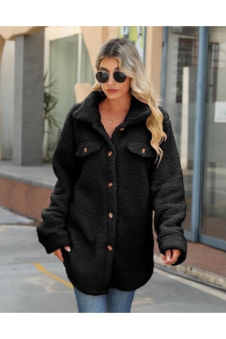 Sonbahar Ve Kış Kadın Ceket Yaka Uzun Kollu Gevşek Düğmeler Sahte Cepler Demir Olmayan Uzun Peluş Ceket Siyah