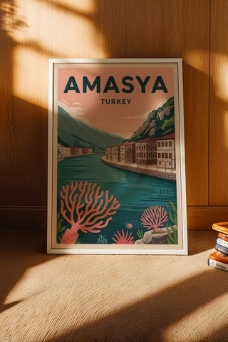 Amasya Tablo - Retro Travel Poster - Türkiye Şehir Serisi Duvar Dekoru - Çerçeve Şehir İllüstrasyonu Beyaz