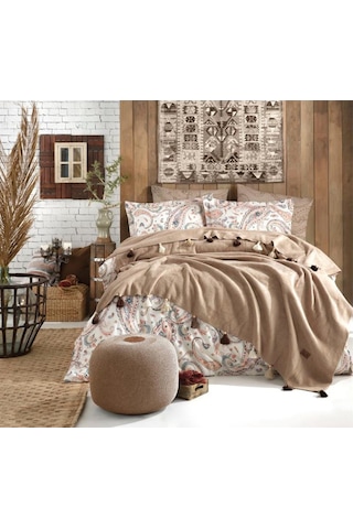 İyi Geceler İstanbul Boho Chic Çift Kişilik Battaniyeli Cappucino Rengi Nevresim Takımı Cappucino