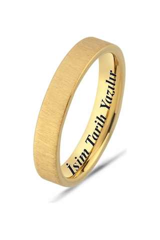 Kişiye Özel İsim Tarih Yazılı 4mm Mat Fırçalanmış Düz Unisex Çelik Yüzük Alyans Cl45y Sarı