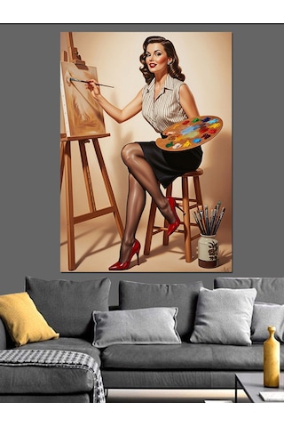 Şövalede Resim Yapan Retro Ressam Kadın Dekoratif Kanvas - Mdf Ahşap Tablo