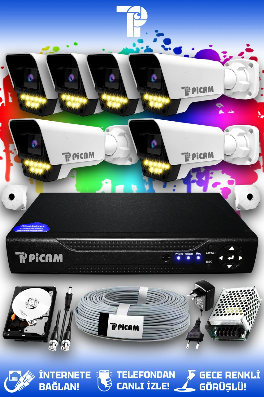 Picam 6 Kameralı Süper 6 Dış Kamera Set 250 GB 5 MP 2K Net Renkli Gece Görüşlü Güvenlik Kamerası Sistemi