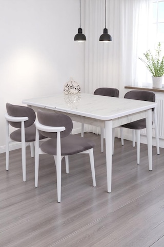 Duru Norte Mdf Lak Panel Açılır Yemek Masa Takımı 90x160 Beyaz Mermer