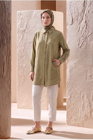 Armine Trend Gold Düğme Detaylı Klasik Yaka Uzun Tunik Rahat Kesim Şık Tesettür Tunik Modeli 89 Cm Boy Açık Haki 26yt471