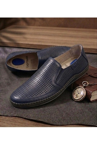 Taşpınar Ayakkabı Taşpınar %100 Hakiki Deri Ortopedik Erkek Yazlık Rahat Günlük Çarık Delikli Büyük Ayakkabı Yeni Sezon 45-48 Lacivert