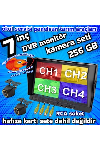 2 Adet 4x3 Cm. Ahd 720p 170 Derece Balık Gözü Lens Kamera 7 İnç Ips Qled 256 Gb Dvr Monitör 12 V