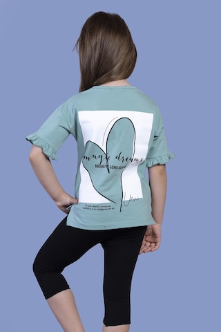 Toontoy Kids Toontoy Kız Çocuk 2'li Takım Baskılı Bisiklet Yaka Kolu Fırfırlı T-shirt & Basic Düz Crop Tayt Yeşil
