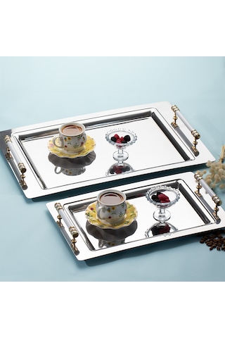 Porsima Yüzük 2li Paslanmaz Çelik Gümüş Sunum Tepsisi Gold Beyaz