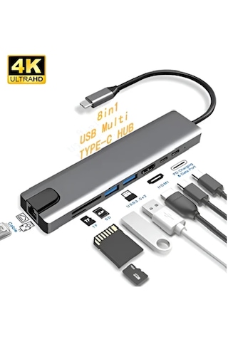 Usb C Hub 8 In 1 Tip C 3.1 Ila 4k Hdmı Adaptörü İle Rj45 Sd/tf Ka