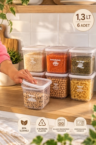 Porsima 4519 6'lı Set 1.3 Litre Şeffaf Erzak Saklama Kabı - Mutfak & Bakliyat Düzenleyici
