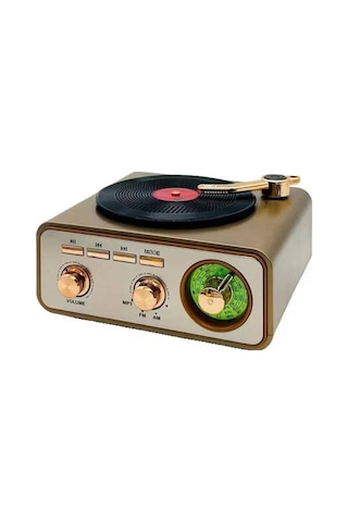Metalik Nostaljik Tasarım Plak Çalar Görünümlü Radyolu Bluetooth Hoparlör Retro Müzik Plak