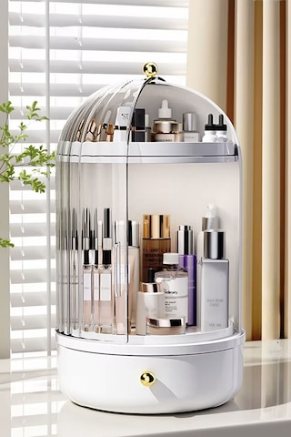 Vitrin 360 Derece Dönen Çekmeceli Raflı Kozmetik Makyaj Organizeri Standı / Takı Düzenleyici