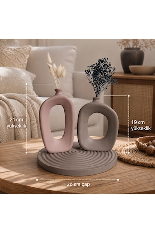El Yapımı Modern Bohem Beton Vazo Seti Dekoratif Kemerli İkili Vazo & Yuvarlak Altlık Premium Seri Mocca-vizon