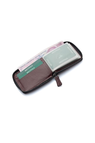 Westpolo Hakiki Deri Kağıt Para Ve Bol Şeffaf Kart Bölmeli, Fermuarlı Unisex Kartlık - 505 Kahverengi