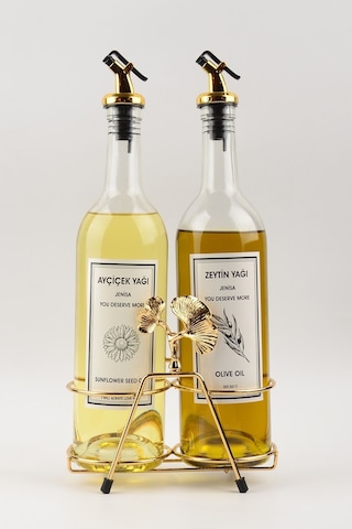 Altın Standlı Ginkgo Figürlü 750ml Şeffaf Şişe Altın Akıtıcılı Et