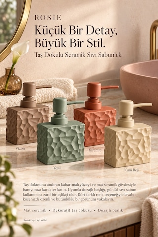 Rosıe Kum Beji Taş Dokulu Dikdörtgen Seramik Sıvı Sabunluk 450 Ml Karışık