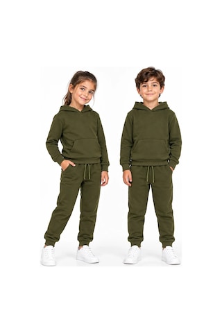 Lugmo Unisex Kız Erkek Çocuk Haki 3 İplik Kapüşonlu Kanguru Cepli Eşofman Takımı