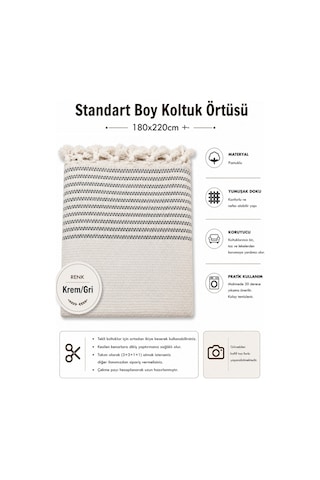 Pamuklu Kaymaz Hasır Dokuma Koltuk Örtüsü 180x220 - Kreme Gri