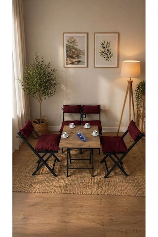 Minderli Balkon Bahçe Mutfak Bistro Set Katlanır 4+1 Masa-sandalye Bordo