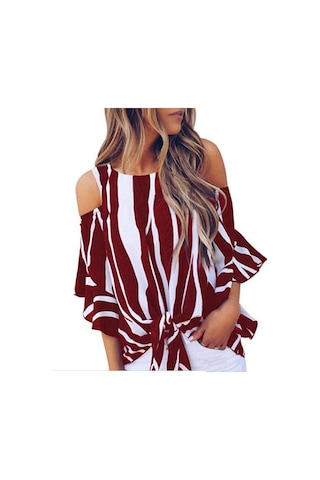 Kadın Gömlek Yuvarlak Yaka Askısız Bol Dikey Çizgili Günlük Üst Bordo