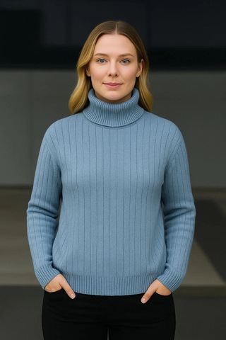 Kadın Balıkcı Yaka Bağazlı Triko Kazak Pamuklu Kalın Fitilli Dokuma - Bebek Mavisi Bebek Mavisi