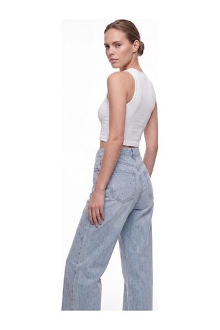 CEMO Kadın Taş İşlemeli Wide Leg Jean Pantolon Mavi