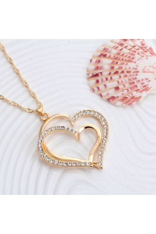 Çok Şık ,Taş İşlemeli, Kalp Takı Seti Kolye Küpe18Gp Sevgililer