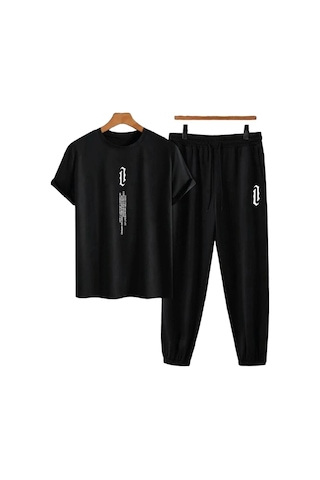 Tarzsokak Unisex Bisiklet Yaka Slogan Baskılı Siyah Tişört Ve Siyah Eşofman Altı 2'li Set A
