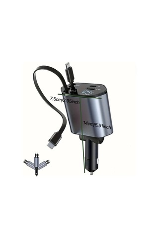 Honeybeeshop Type C Ve Ios İçin Metal Stil 66w Hızlı Araç Şarj Cihazı Teleskopik Kablolu 2 Usb Portlu İphone Samsung Xiaomi Uyumlu